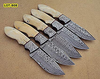 LOT-808, Custom Handmade Damascus Steel Skinner Knife Set (Lot of Five) - Beautiful White Bone Handle with Damascus Steel Bolster