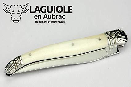 Laguiole en Aubrac handmade knife 12 cm L0212OSOF bone handle, special edition bolsters scallop, blade stainless steel shiny