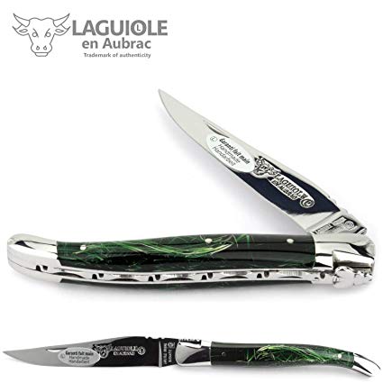 Laguiole en Aubrac handmade knife 12 cm L0212F4IF acrylic handle 'fireworks' green, blade and bolsters stainless steel shiny