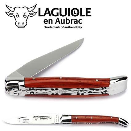 Laguiole en Aubrac handmade knife 11 cm double platines L0711PKIFI padouk wood handle, blade and bolsters stainless steel shiny