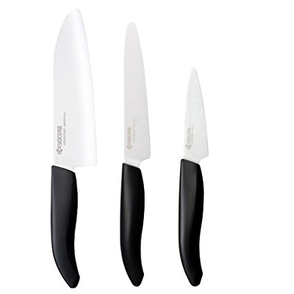 Kyocera Advanced Ceramics – Revolution Series 3-Piece Ceramic Knife Set: Includes 6-inch Chef's Knife; 5-inch Micro Serrated Knife; and 3-inch Paring Knife; Black Handles with White Blades