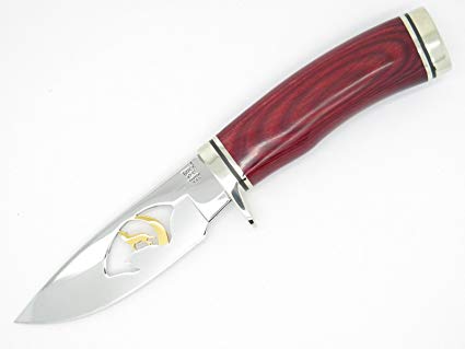 Buck 192 Vanguard Cherry Wood Howling Gold Wolf Moon Cutout Fixed Blade Hunting Knife 192BO15 & Leather Sheath