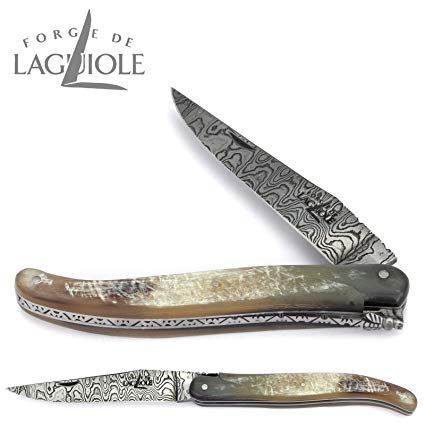 Forge de Laguiole Collection handmade french knife 12 cm - Aubrac horn handle - blade damascus carbon steel