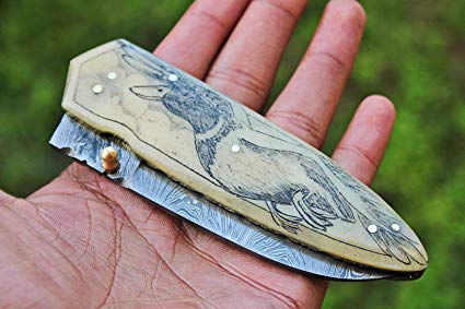 DKC-72 DUCK FLIGHT BONE Damascus Folding Pocket Knife Polished 5