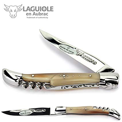 Laguiole en Aubrac handmade knife 12 cm corkscrew L0312PCIF horn tip handle, blade and bolsters stainless steel shiny