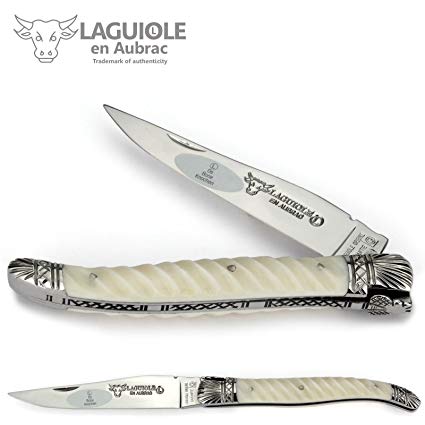 Laguiole en Aubrac handmade pilgrims pocket knife - 12 cm bone handle - special edition bolsters scallop - blade stainless steel shiny