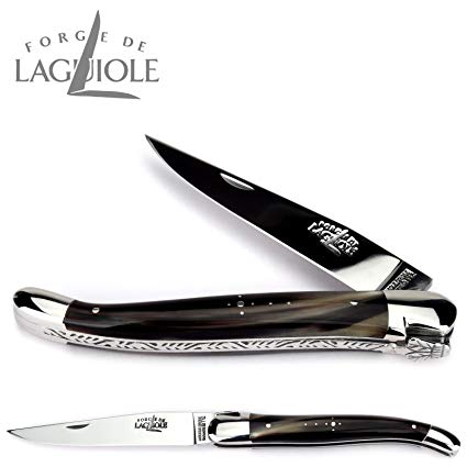 Forge de Laguiole handmade french knife 12 cm - horn-tip handle - blade and bolsters stainless steel shiny